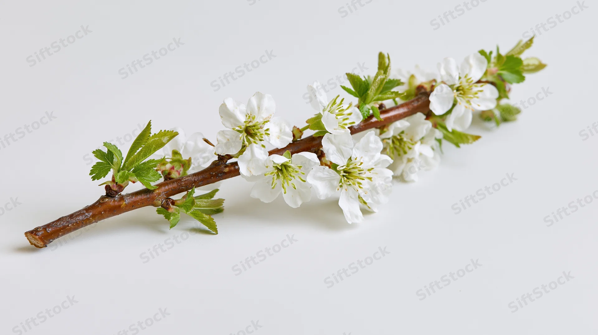 Flowering branch with white blossoms and green leaves on white background
