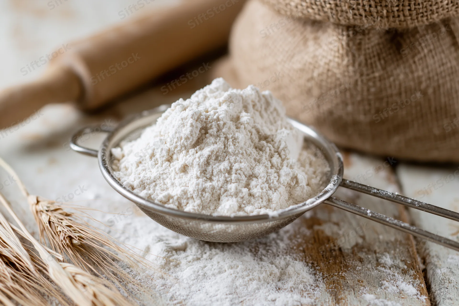 Flour in a metal sifter on a wooden table with wheat stalks and a rolling pin nearby