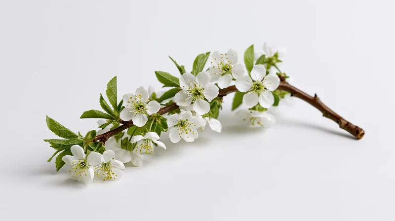 Cherry blossom branch with white flowers and green leaves on white background