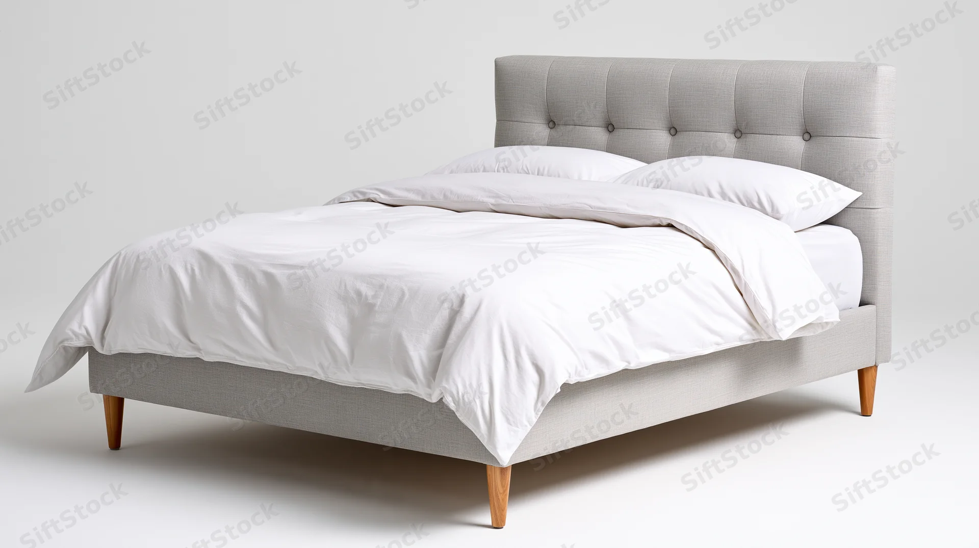 Upholstered bed with white bedding and wooden legs on a plain background