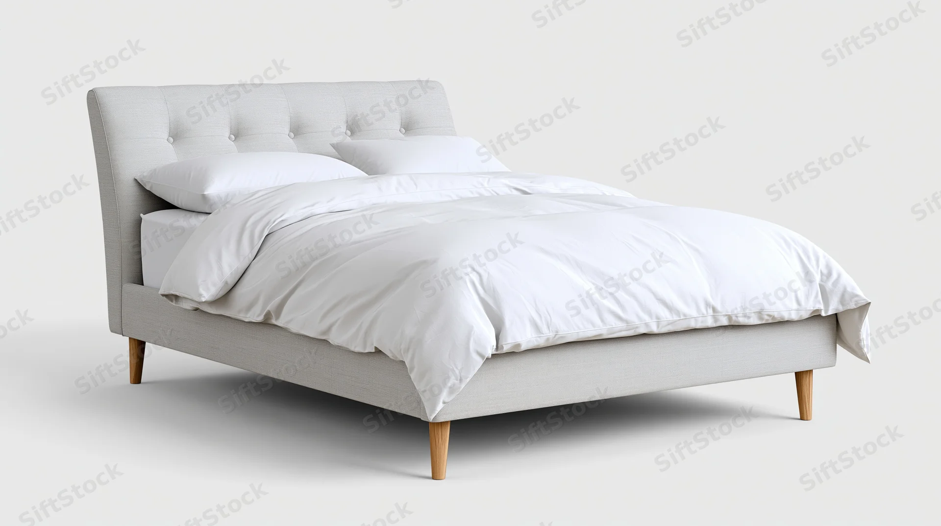Modern upholstered bed with white bedding and wooden legs on plain background