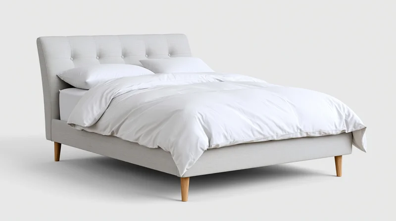 Modern upholstered bed with white bedding and wooden legs on plain background