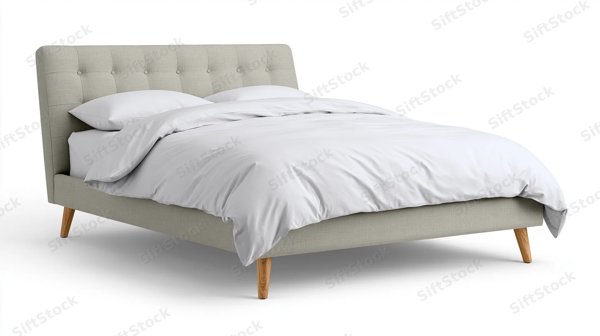 Beige tufted bed with white bedding and wooden legs on white background