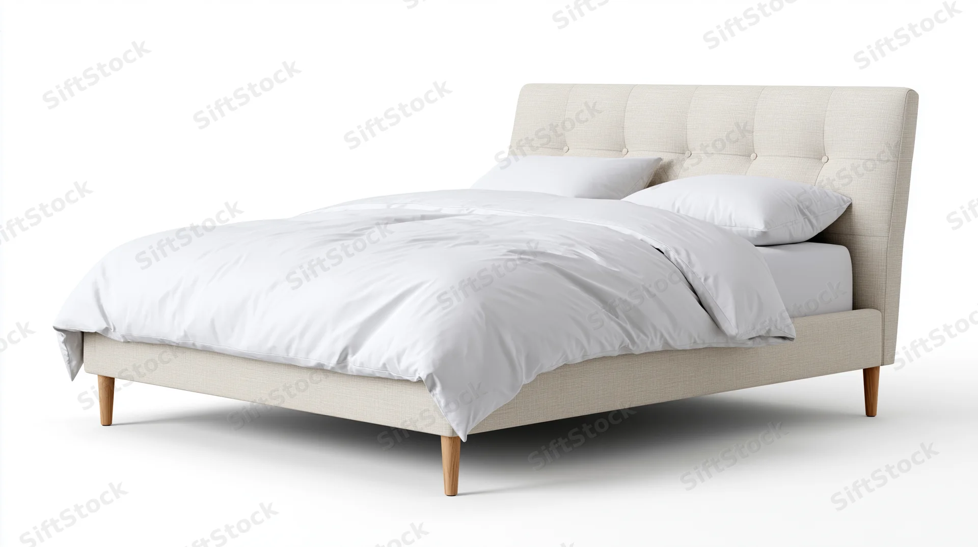 Beige upholstered bed with white bedding and tufted headboard on white background