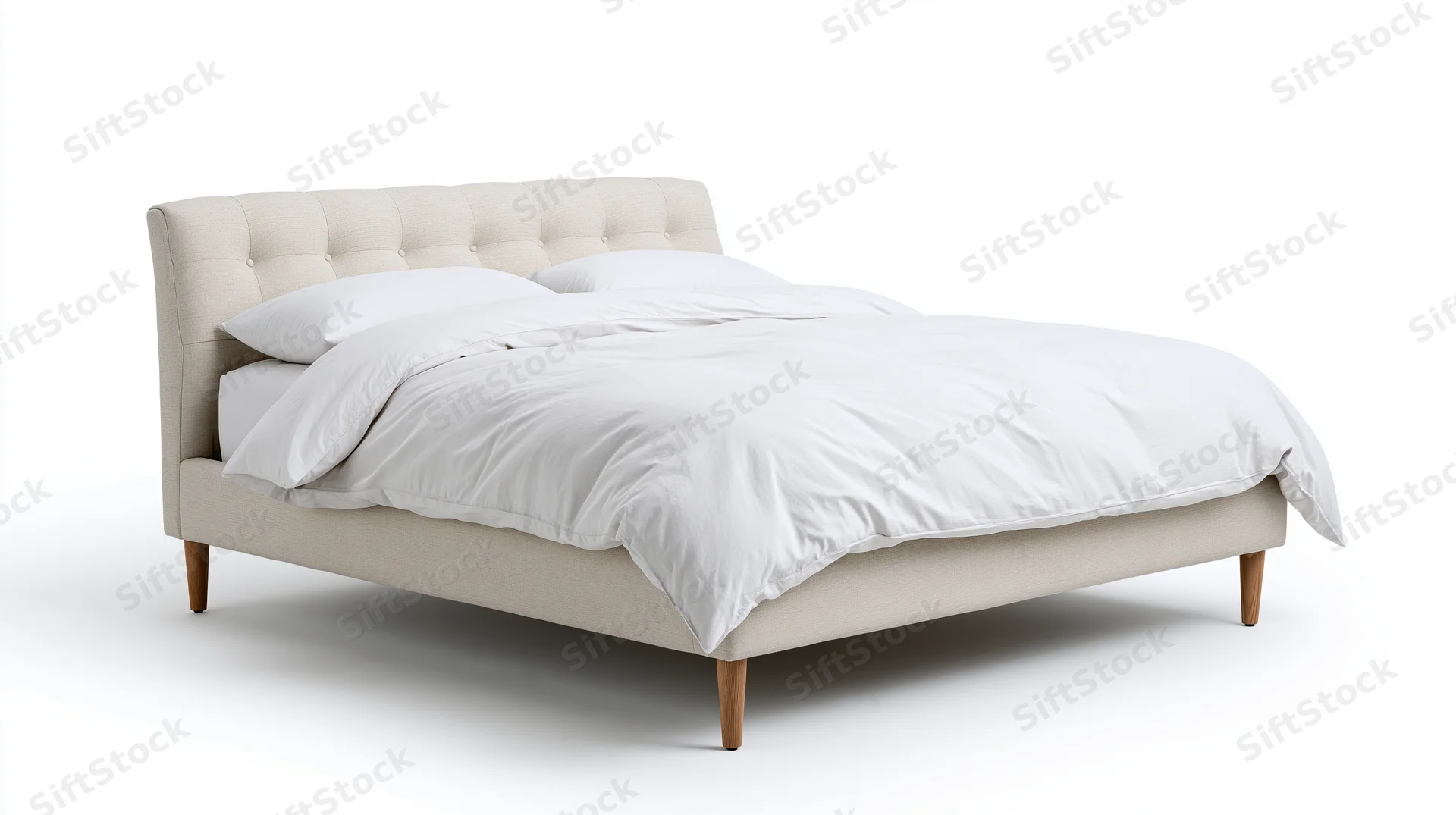 Beige tufted bed with white bedding and wooden legs on white background