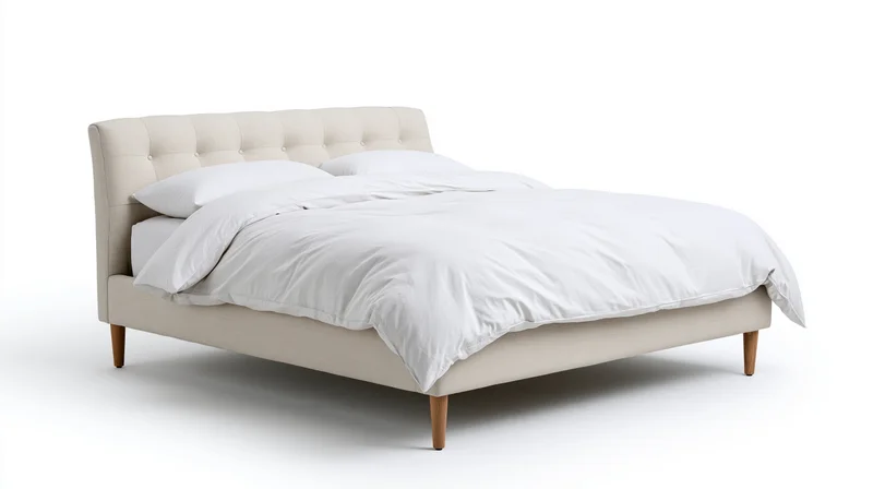 Beige tufted bed with white bedding and wooden legs on white background