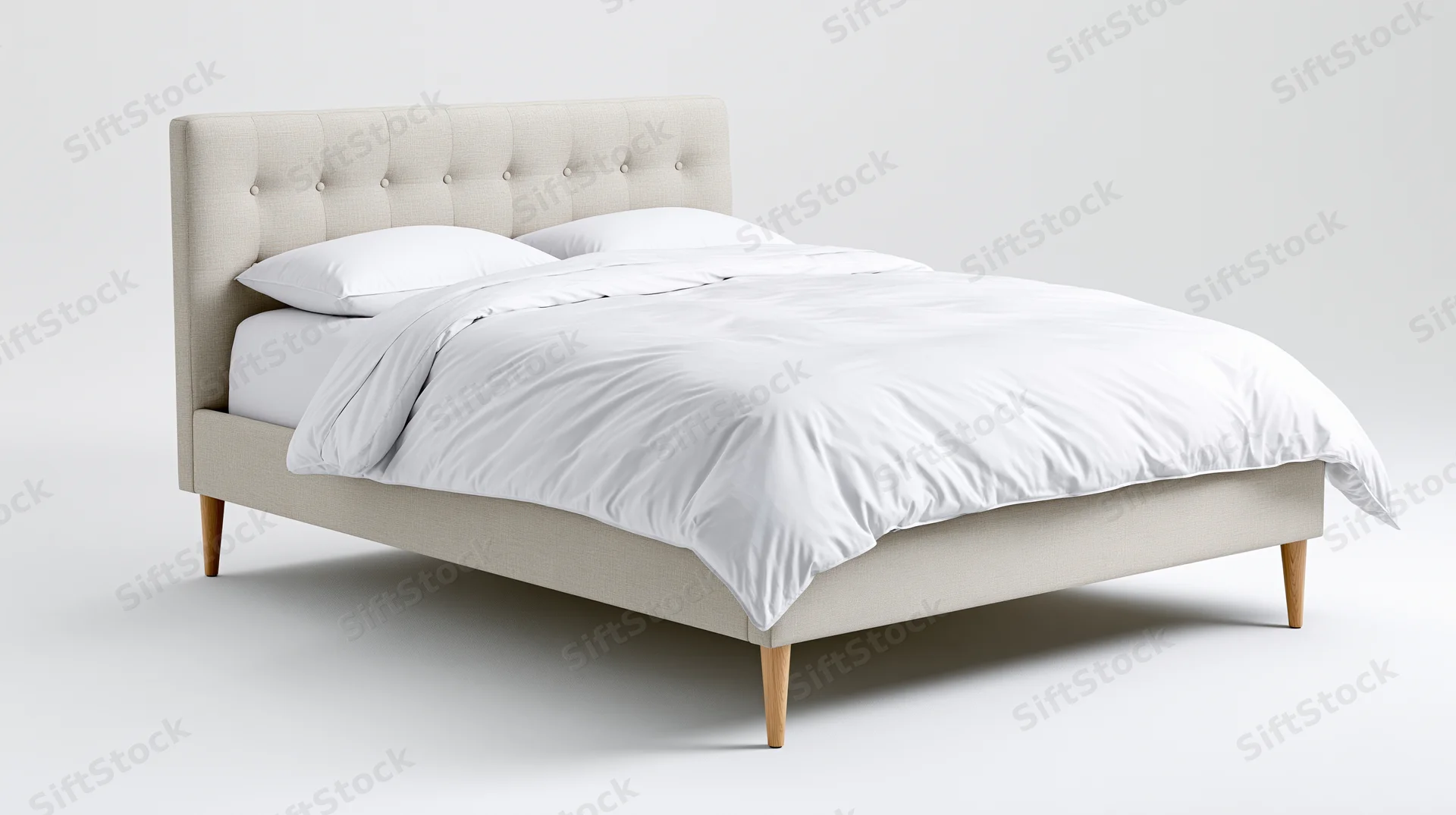 Beige tufted bed with white bedding and wooden legs on white background