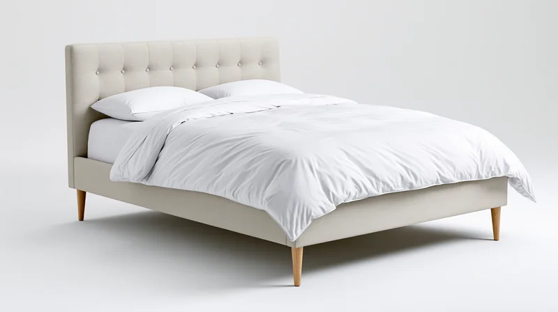 Beige tufted bed with white bedding and wooden legs on white background