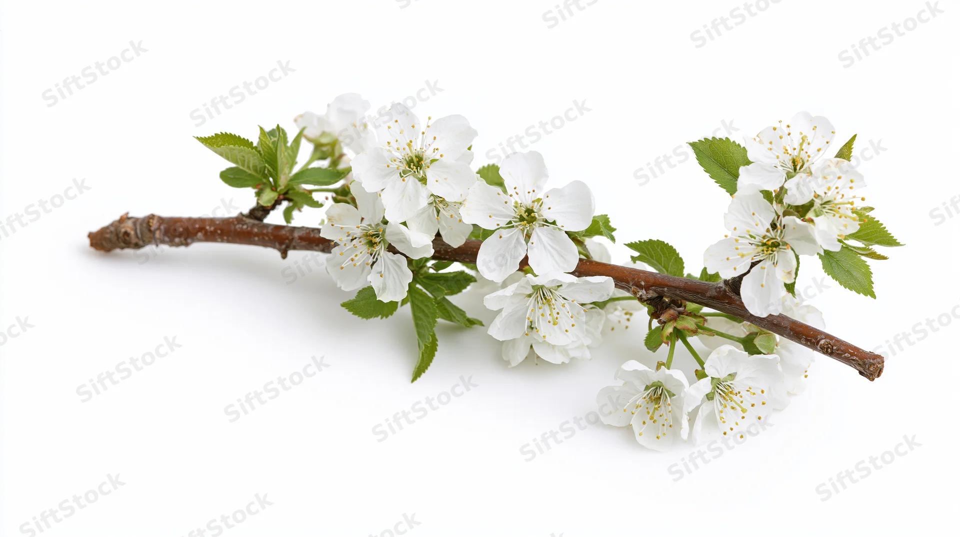 Cherry blossom branch with white flowers and green leaves on white background