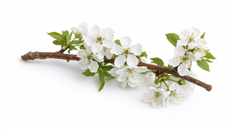 Cherry blossom branch with white flowers and green leaves on white background