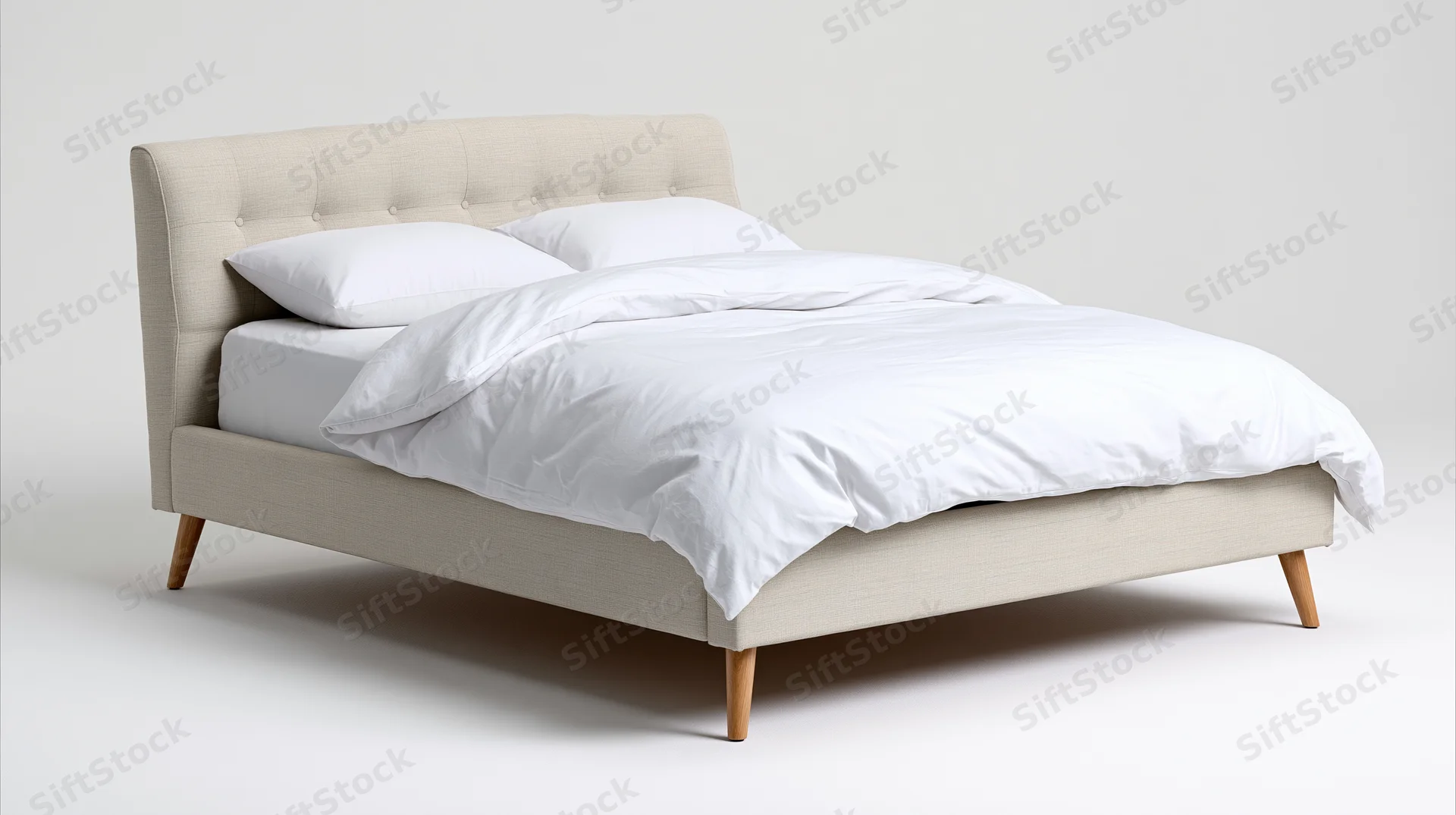 Beige tufted bed with white bedding on wooden legs against white background