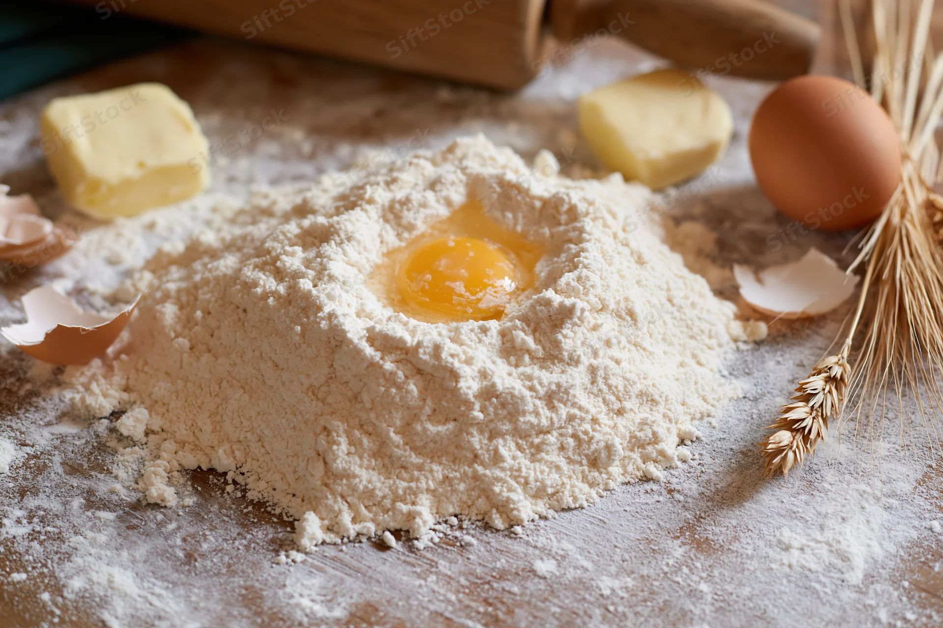 Mound of flour with cracked egg yolk in center on wooden countertop surrounded by butter, wheat stalks, and rolling pin