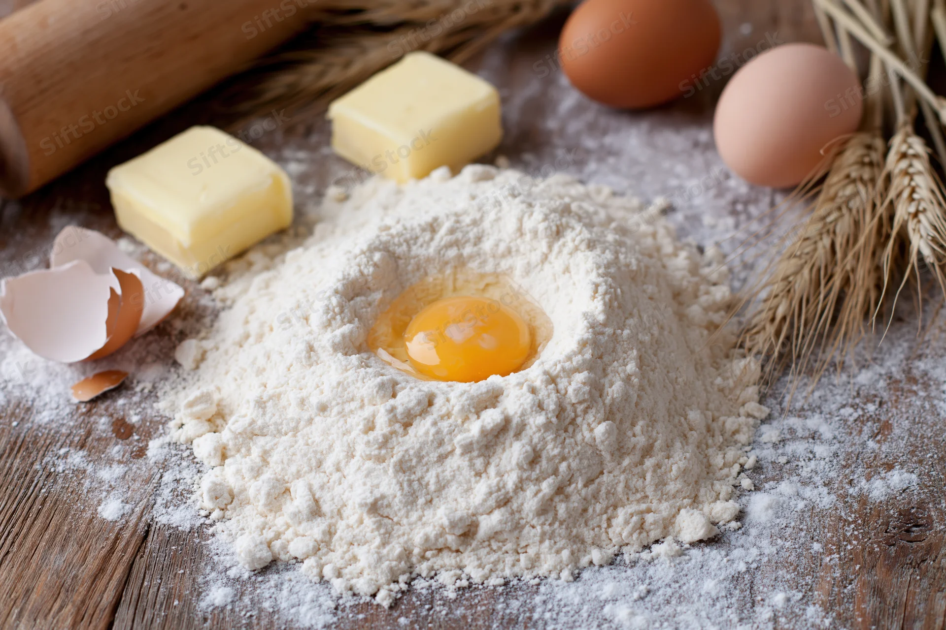 Mound of flour with cracked egg in center on wooden surface surrounded by butter, rolling pin and wheat stalks