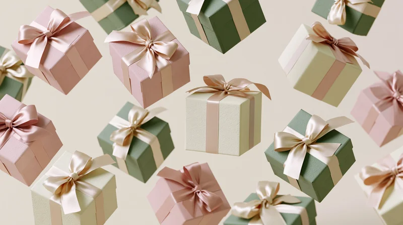 Floating gift boxes wrapped in pastel paper with satin ribbons against a neutral background