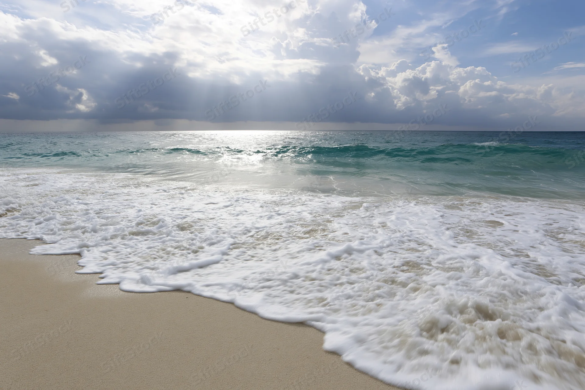 Waves breaking on sandy beach under cloudy sky with sunbeams piercing through clouds
