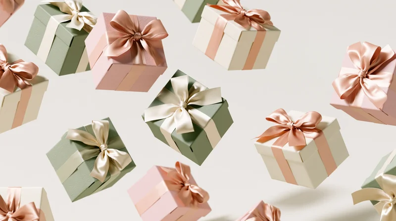 Floating gift boxes with satin ribbons arranged in a pattern against a light background