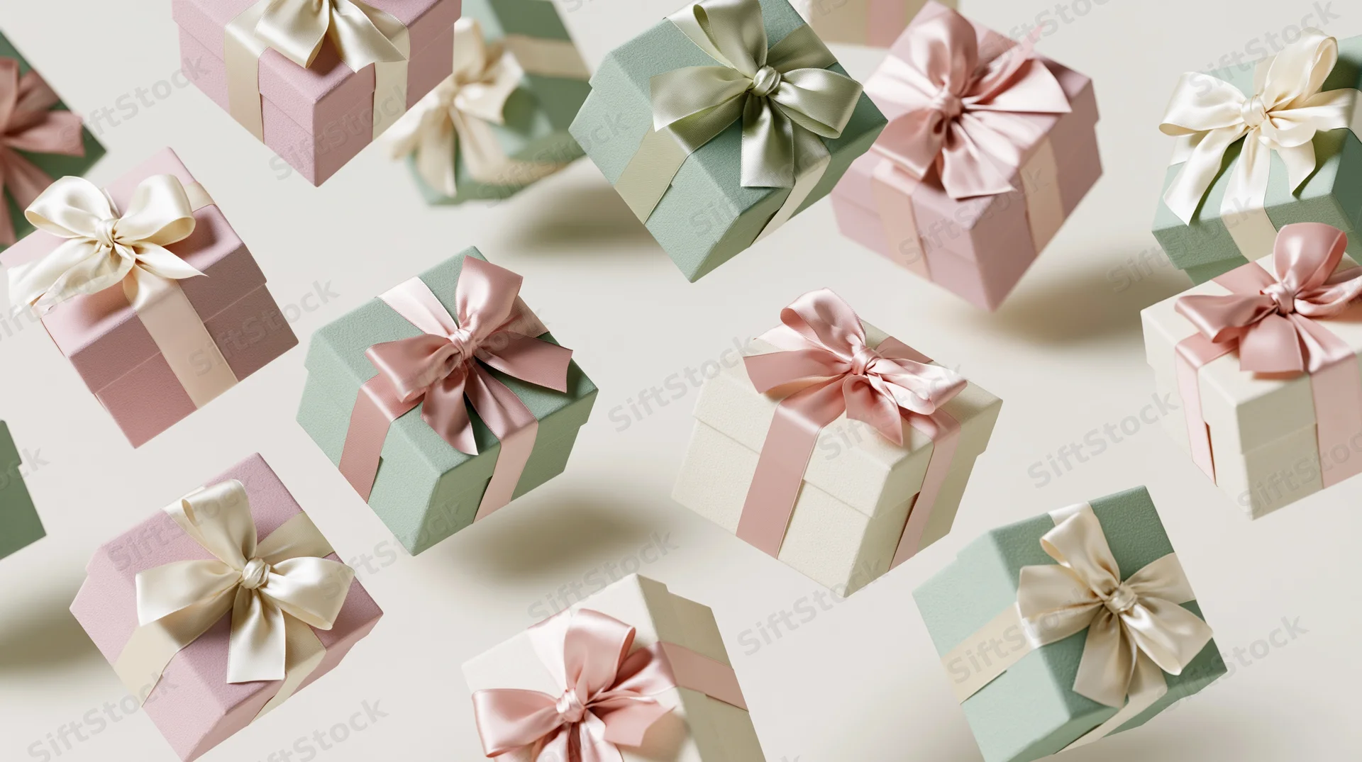 Floating gift boxes with satin ribbons arranged in a scattered pattern on a light background