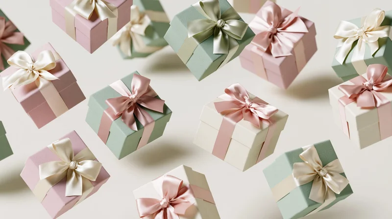 Floating gift boxes with satin ribbons arranged in a scattered pattern on a light background