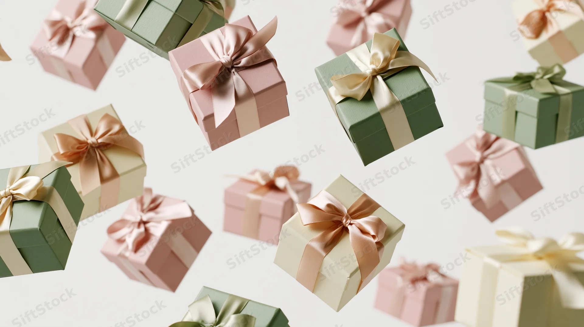 Floating gift boxes with pastel ribbons suspended in white space