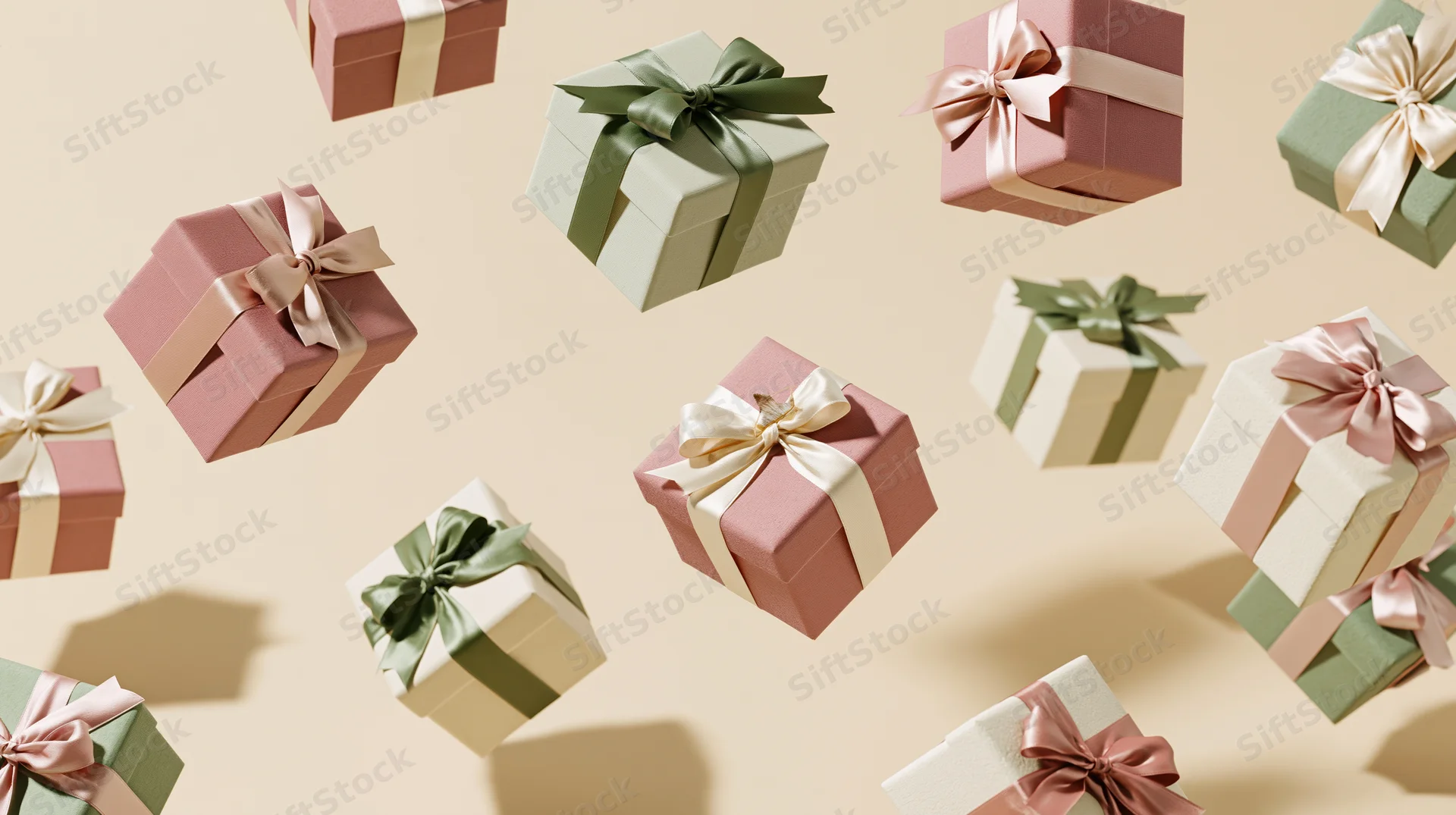 Floating gift boxes wrapped in pastel paper with ribbons against a beige background