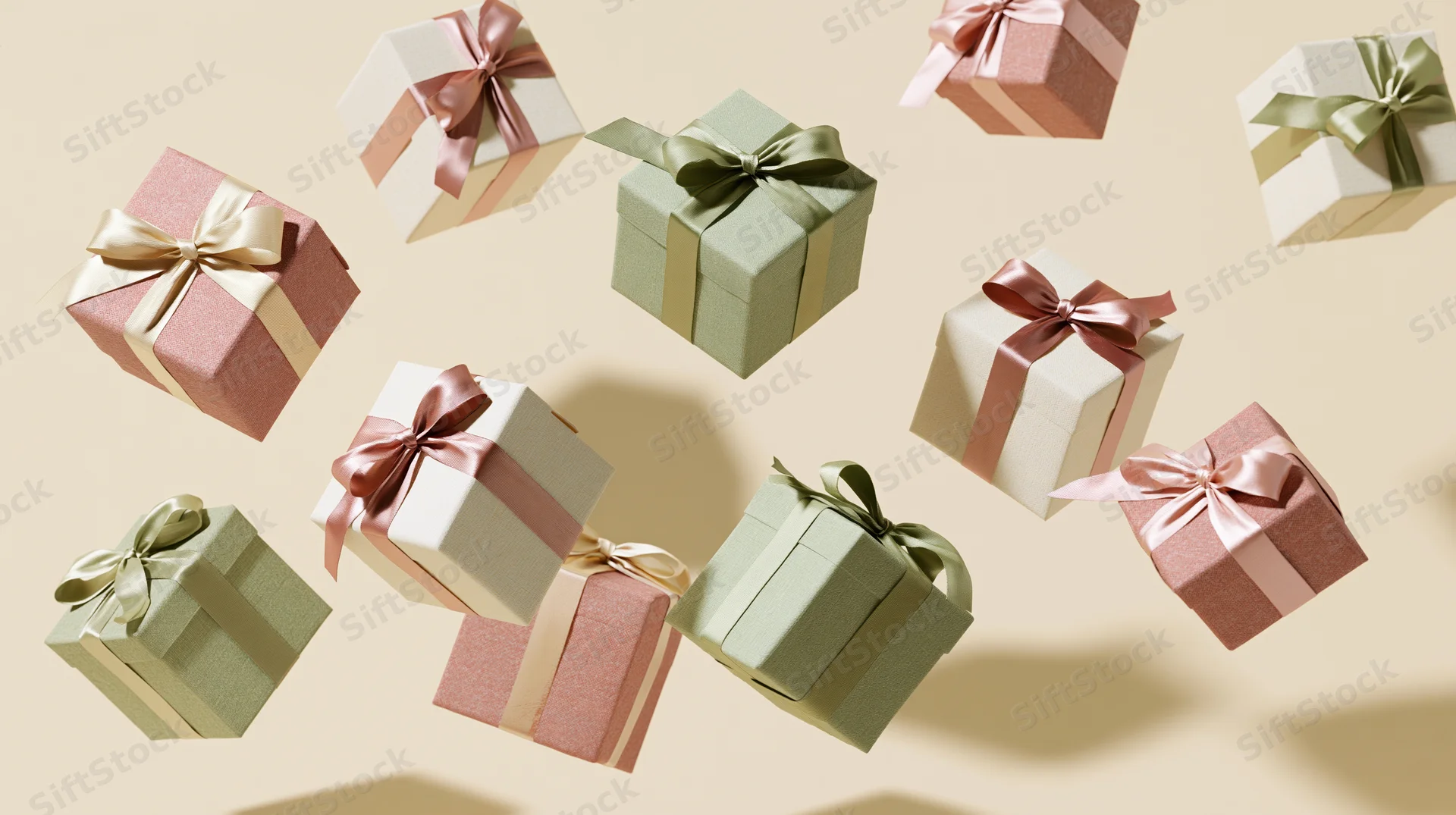 Floating gift boxes with ribbons and bows in pastel colors against a beige background
