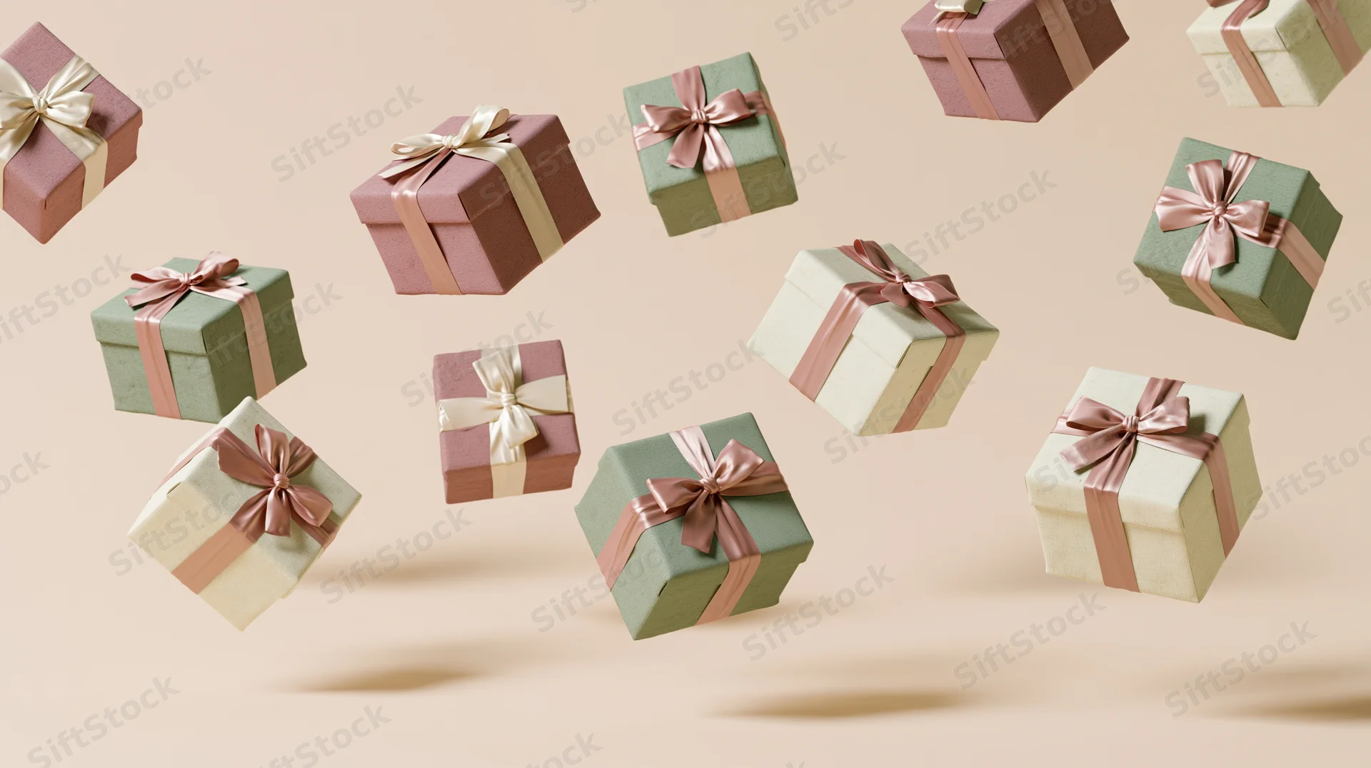Floating gift boxes wrapped in pastel paper with ribbons against a beige background