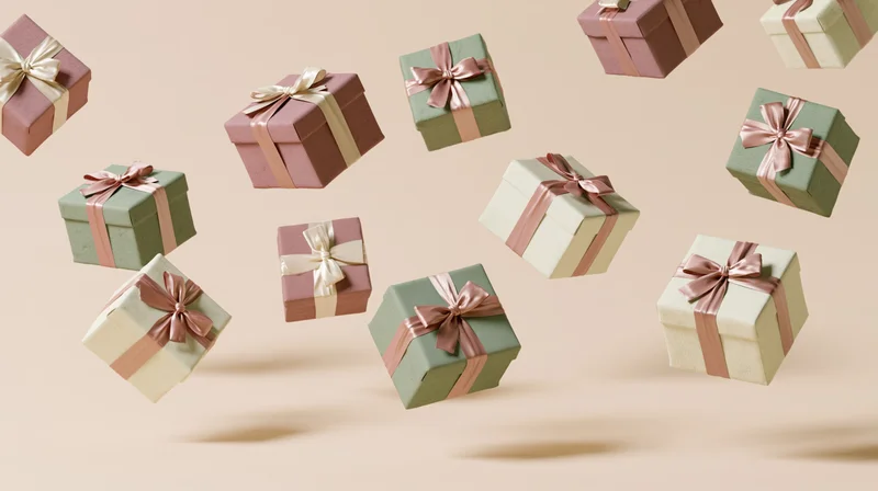 Floating gift boxes wrapped in pastel paper with ribbons against a beige background