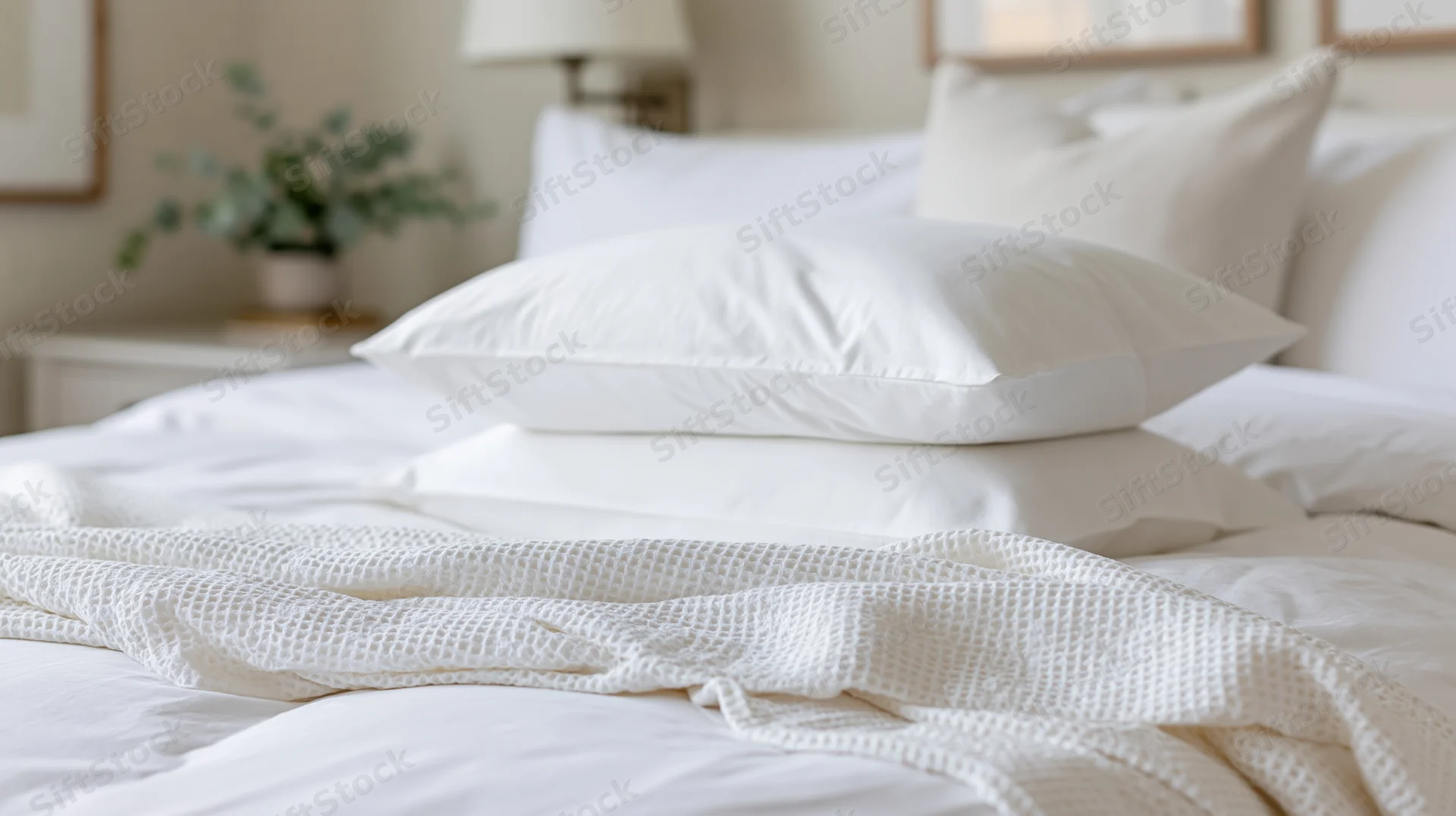 White pillows stacked on a bed with a waffle-knit blanket in a calm bedroom