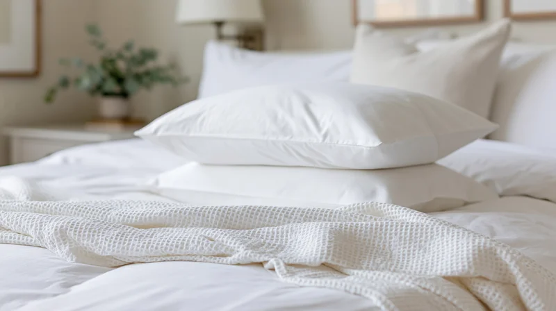 White pillows stacked on a bed with a waffle-knit blanket in a calm bedroom