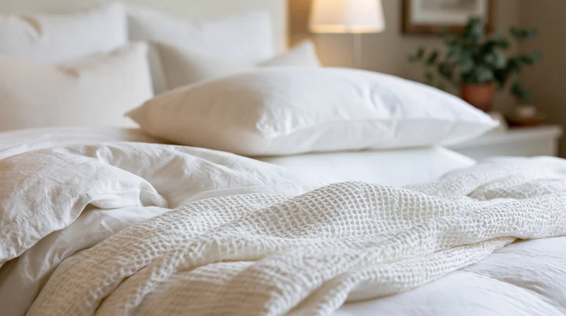 White bedding and pillows arranged on a bed in a softly lit bedroom with a lamp and plant on the nightstand