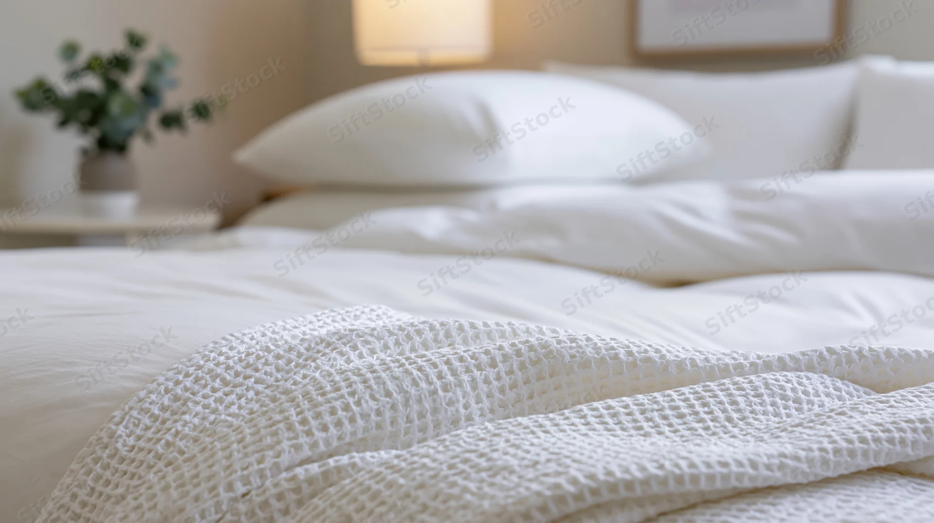 White bedding with crocheted throw on a bed in a softly lit bedroom