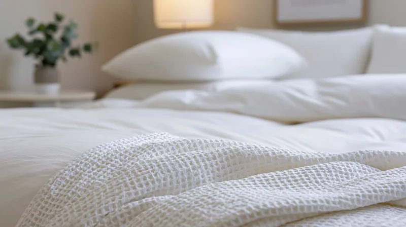 White bedding with crocheted throw on a bed in a softly lit bedroom