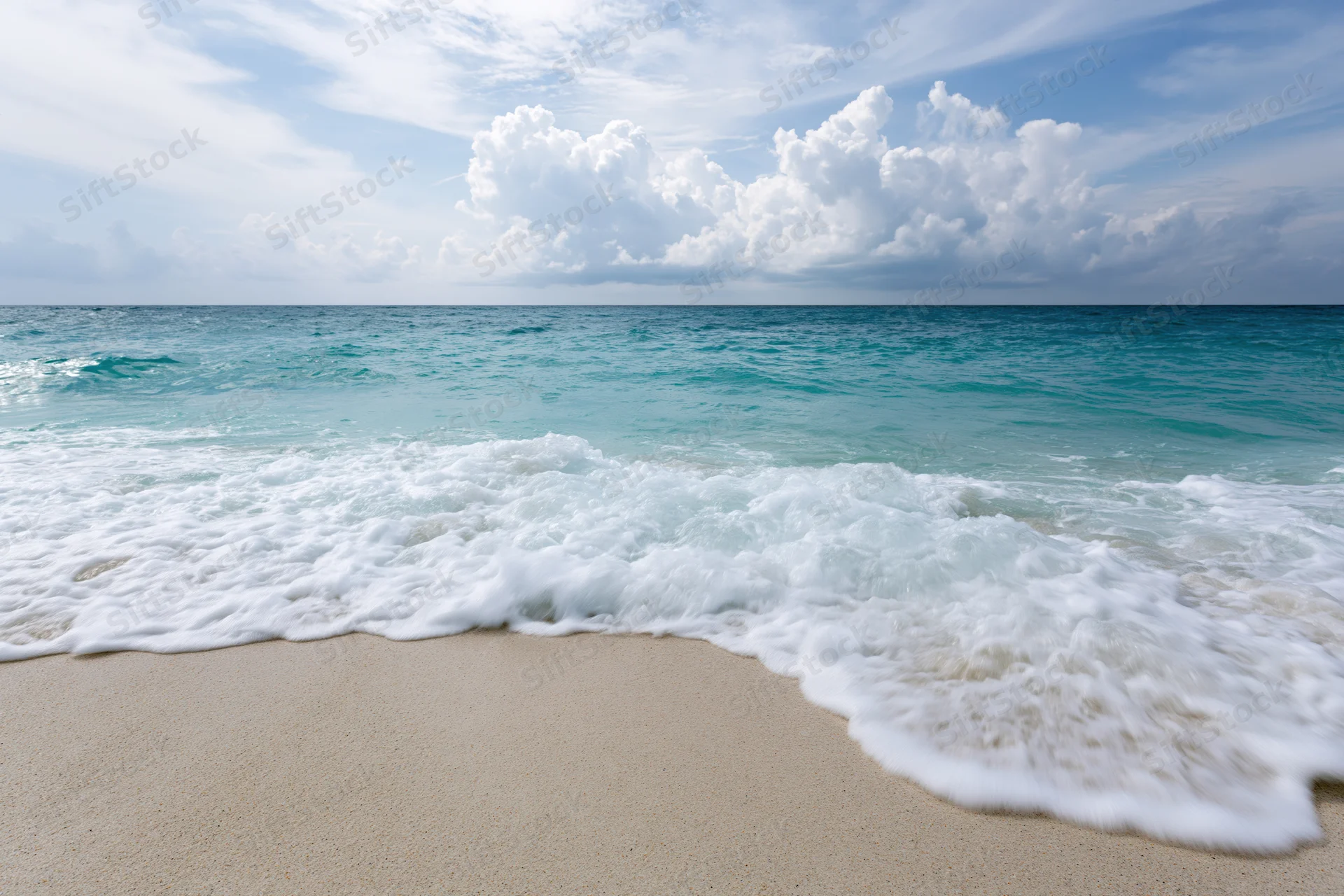 Gentle waves rolling onto a sandy beach under a bright blue sky with scattered clouds