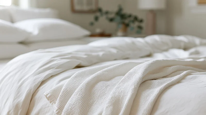 Rumpled white bedding on a bed in a softly lit bedroom with decor in the background