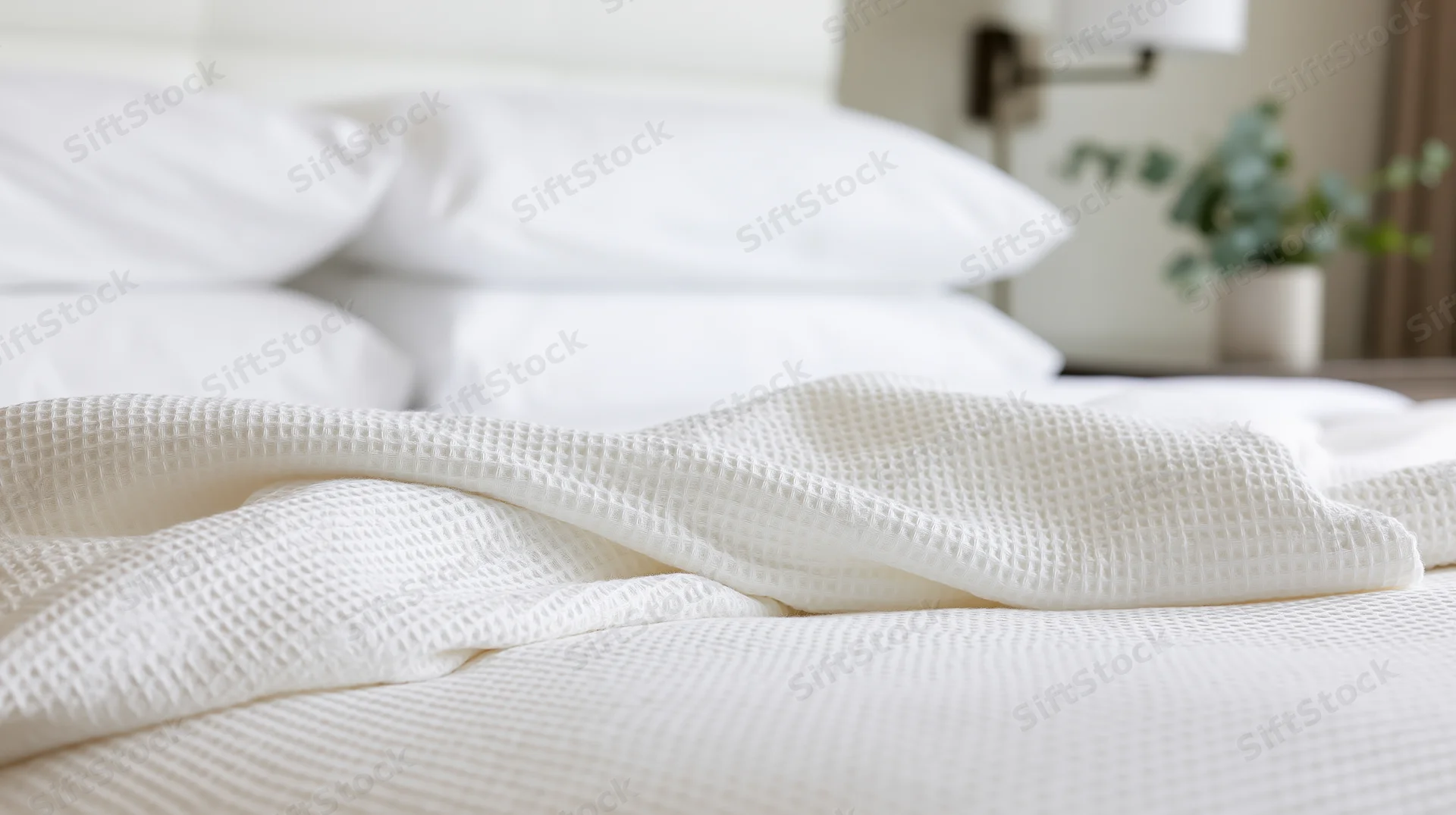 White waffleweave comforter draped over bed with stacked pillows in bedroom