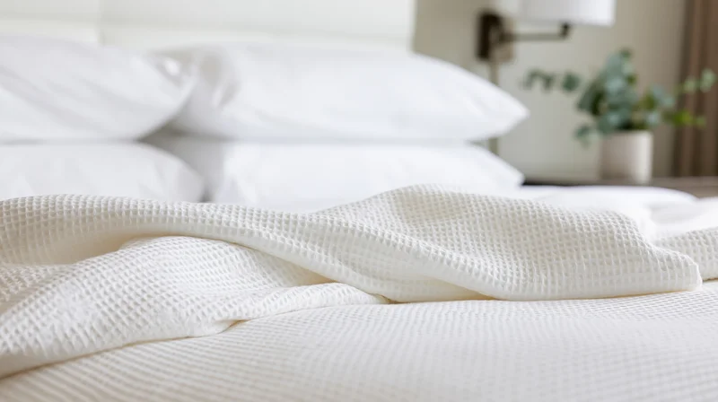 White waffleweave comforter draped over bed with stacked pillows in bedroom