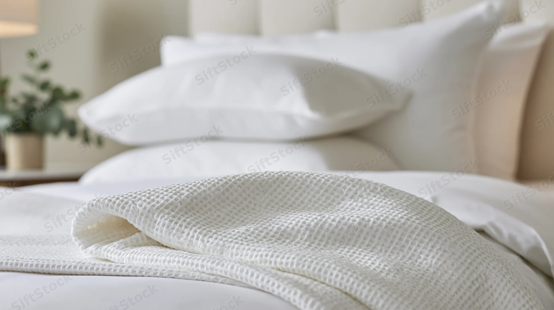 White bedding and pillows arranged on a bed in a calm bedroom setting