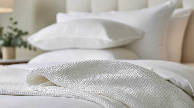 White bedding and pillows arranged on a bed in a calm bedroom setting