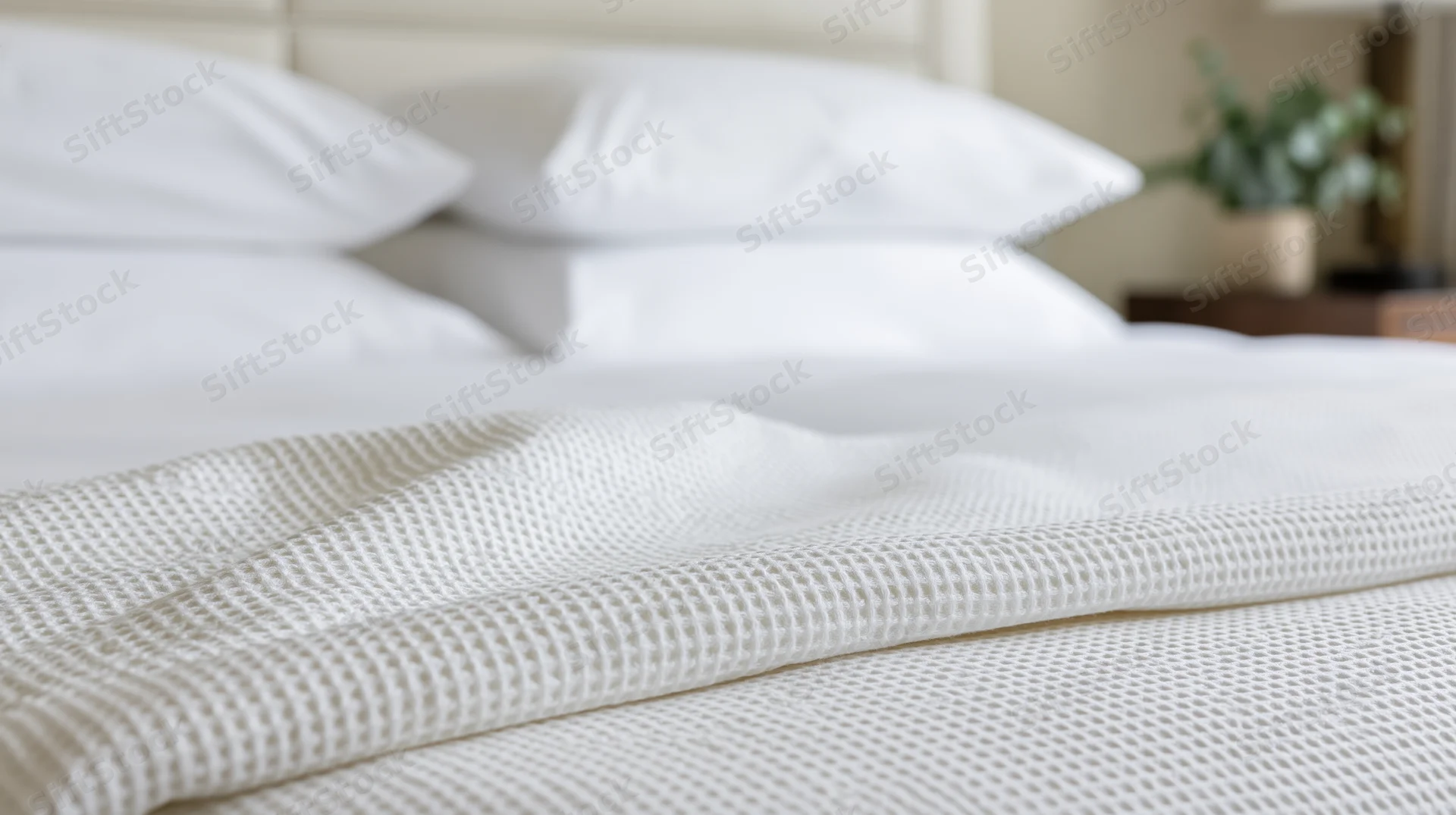 Close-up of white waffle-weave comforter on a bed in a bedroom with pillows and a plant on a nightstand