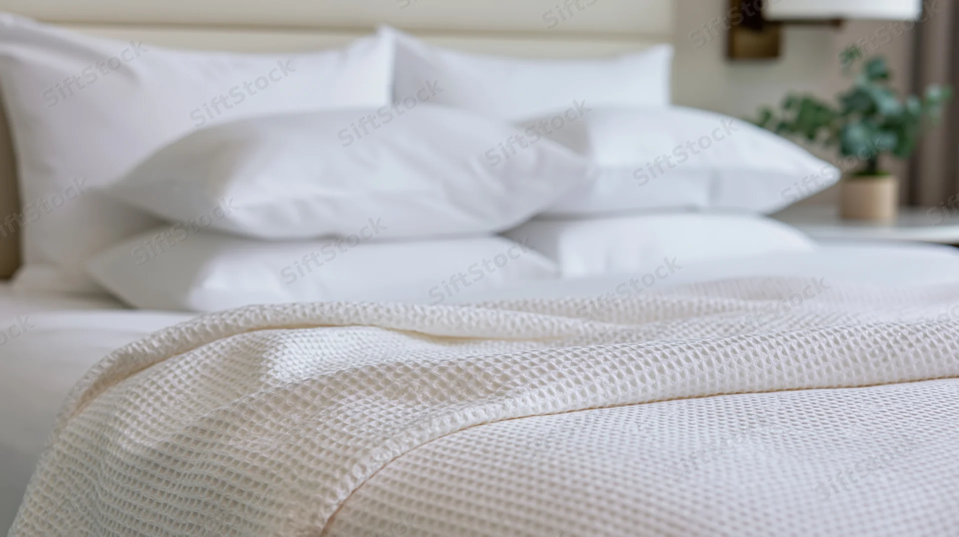 Neatly made bed with white pillows and textured comforter in a modern bedroom