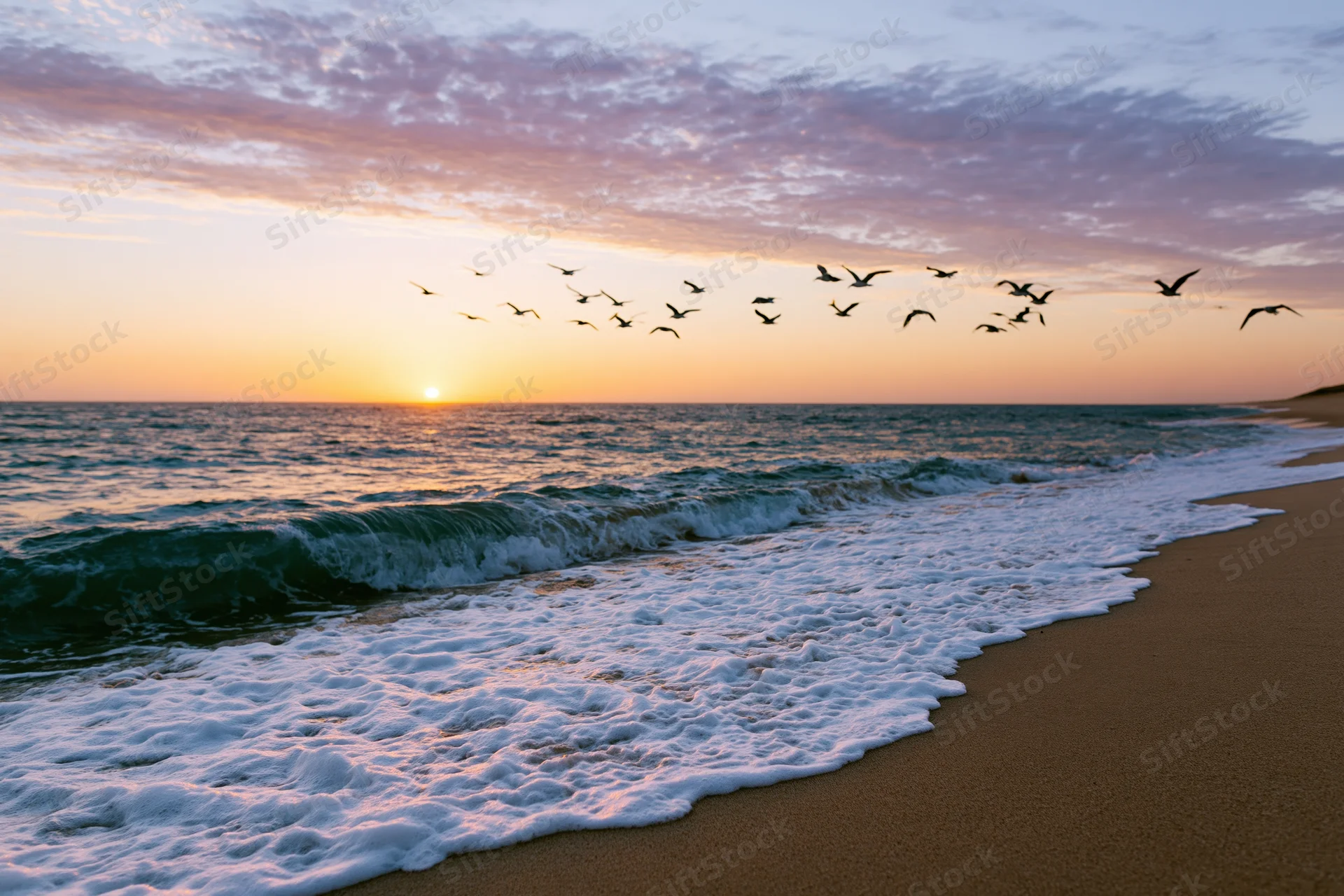 Waves rolling onto sandy beach at sunset with seagulls flying overhead