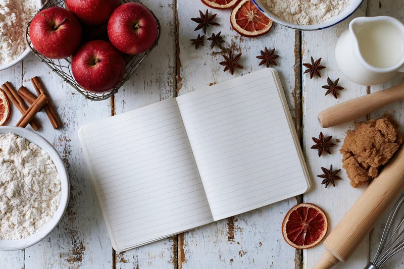 Open notebook on a rustic kitchen counter surrounded by baking ingredients and tools