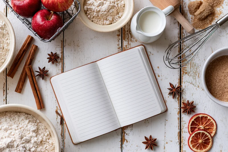 Open notebook on a rustic white wooden table surrounded by baking ingredients and tools