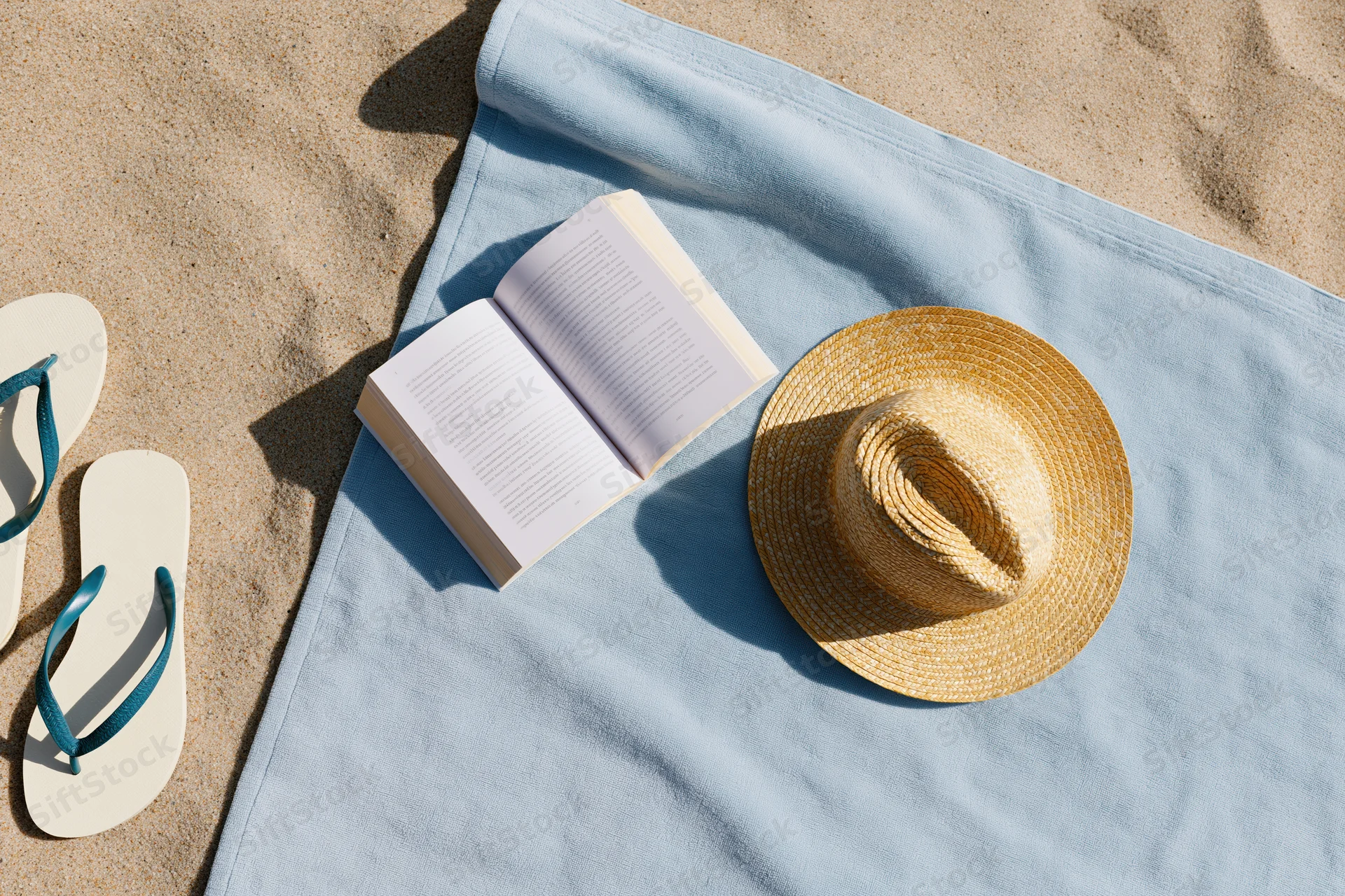Open book and straw hat on a blue towel beside flipflops on sandy beach