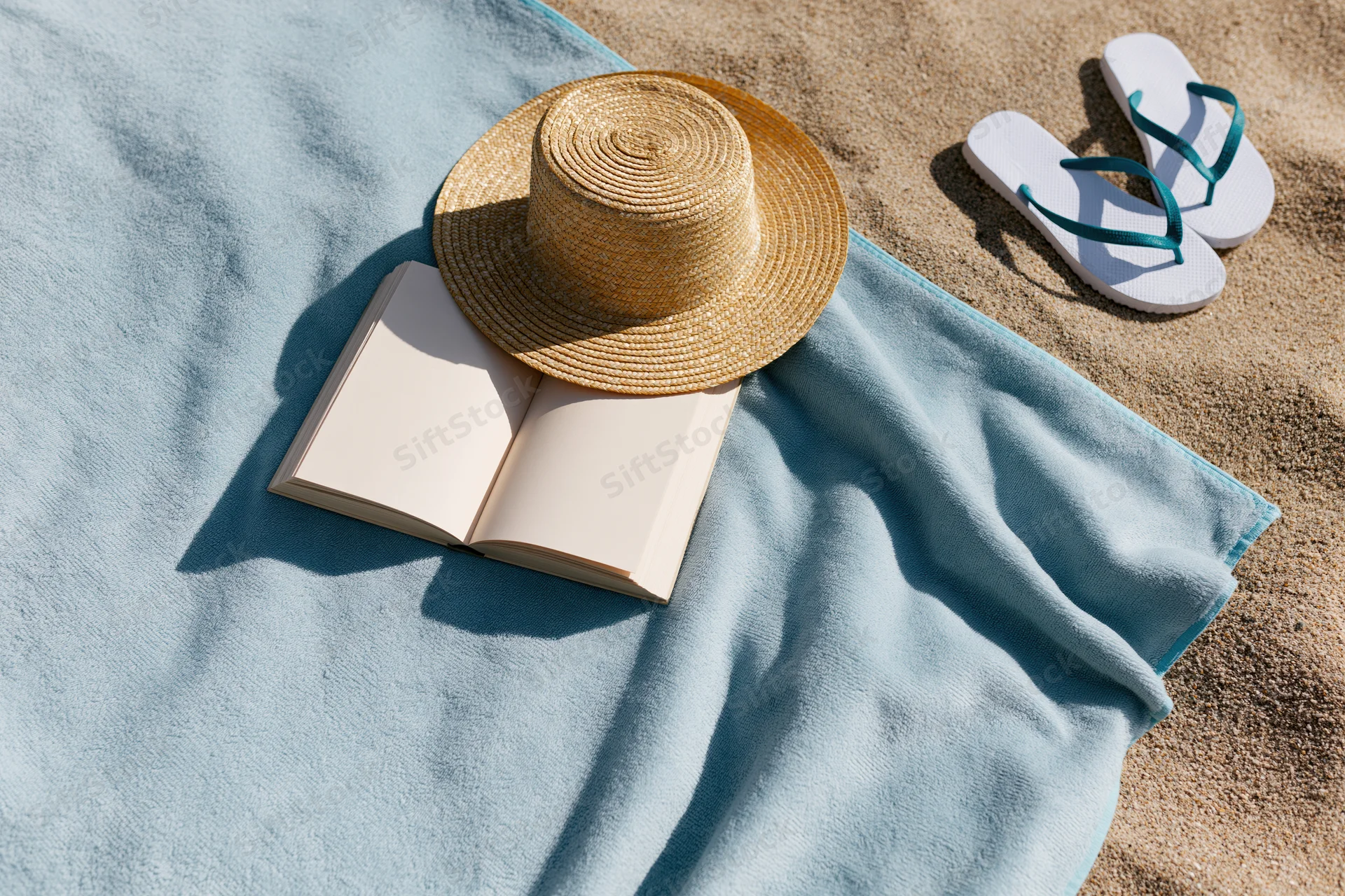 Open book with straw hat on blue towel beside flipflops on sandy beach