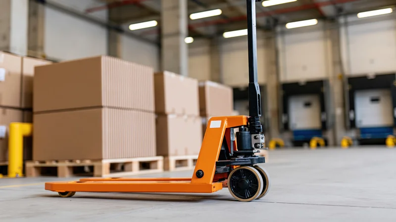Orange pallet jack in a warehouse with stacked cardboard boxes on pallets near loading docks
