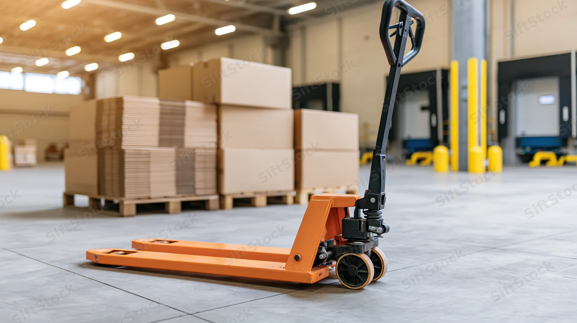 Orange pallet jack on concrete floor in warehouse with stacked cardboard boxes in background