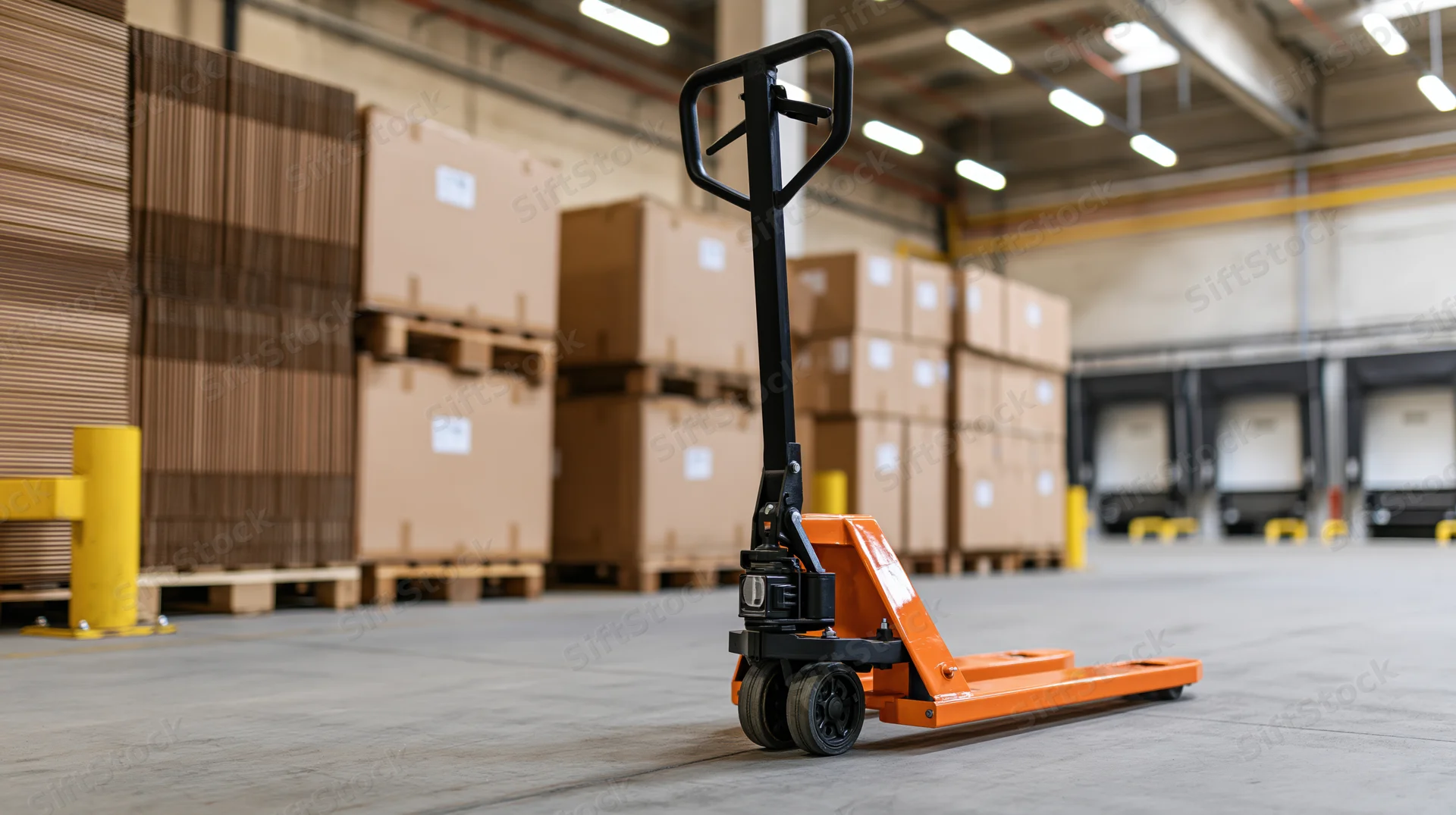 Orange pallet jack on concrete floor in warehouse with stacked boxes and loading docks in background