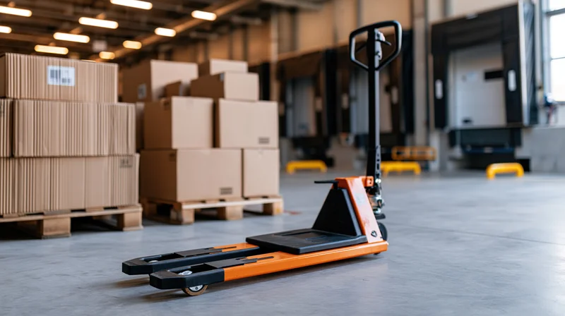 Orange pallet jack on concrete floor in warehouse with stacked cardboard boxes on pallets