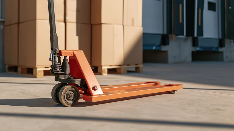 Orange pallet jack on concrete floor in warehouse loading area with stacked cardboard boxes in background